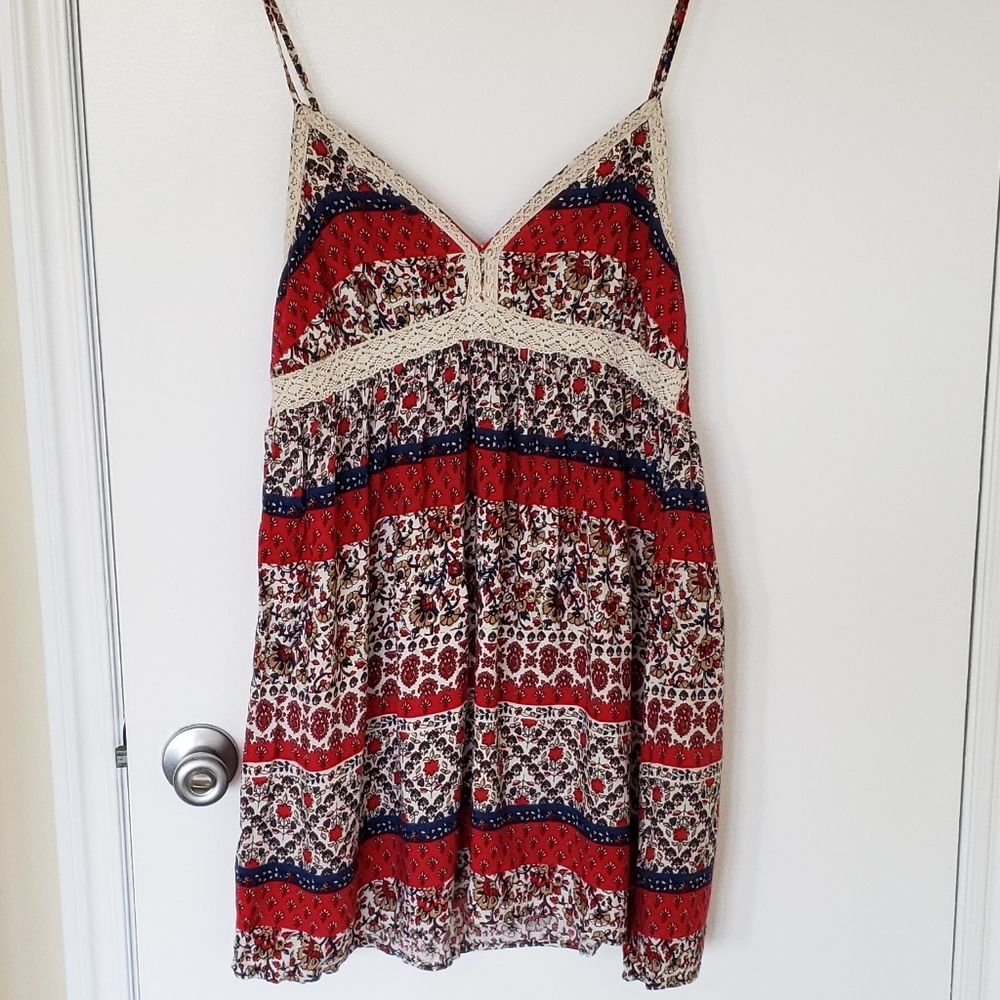 Empire waist tank with boho print and lace detail